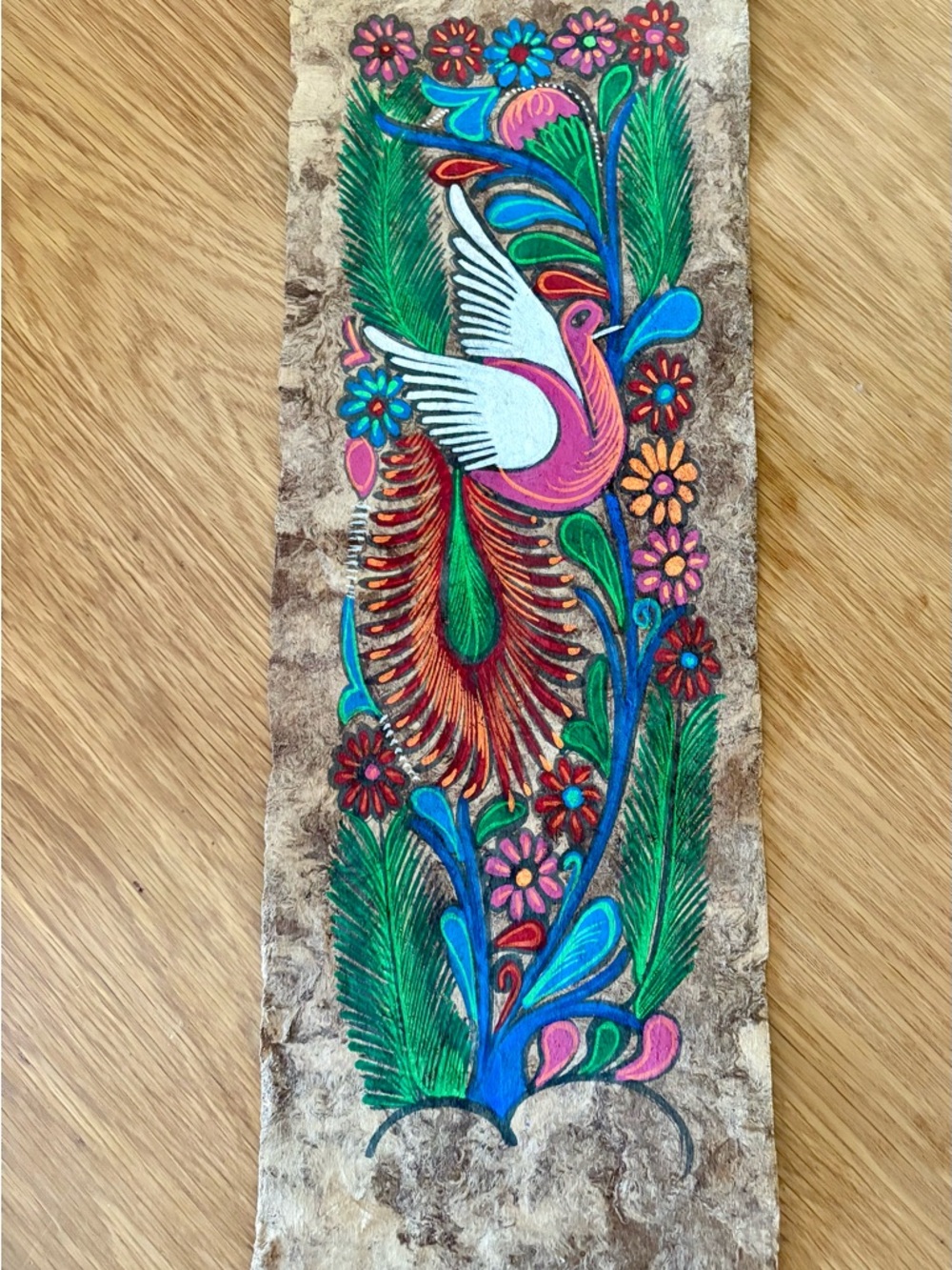 Hand-Painted Mexican Folk Art Floral Bird Wall Art on Bark - Multicolor